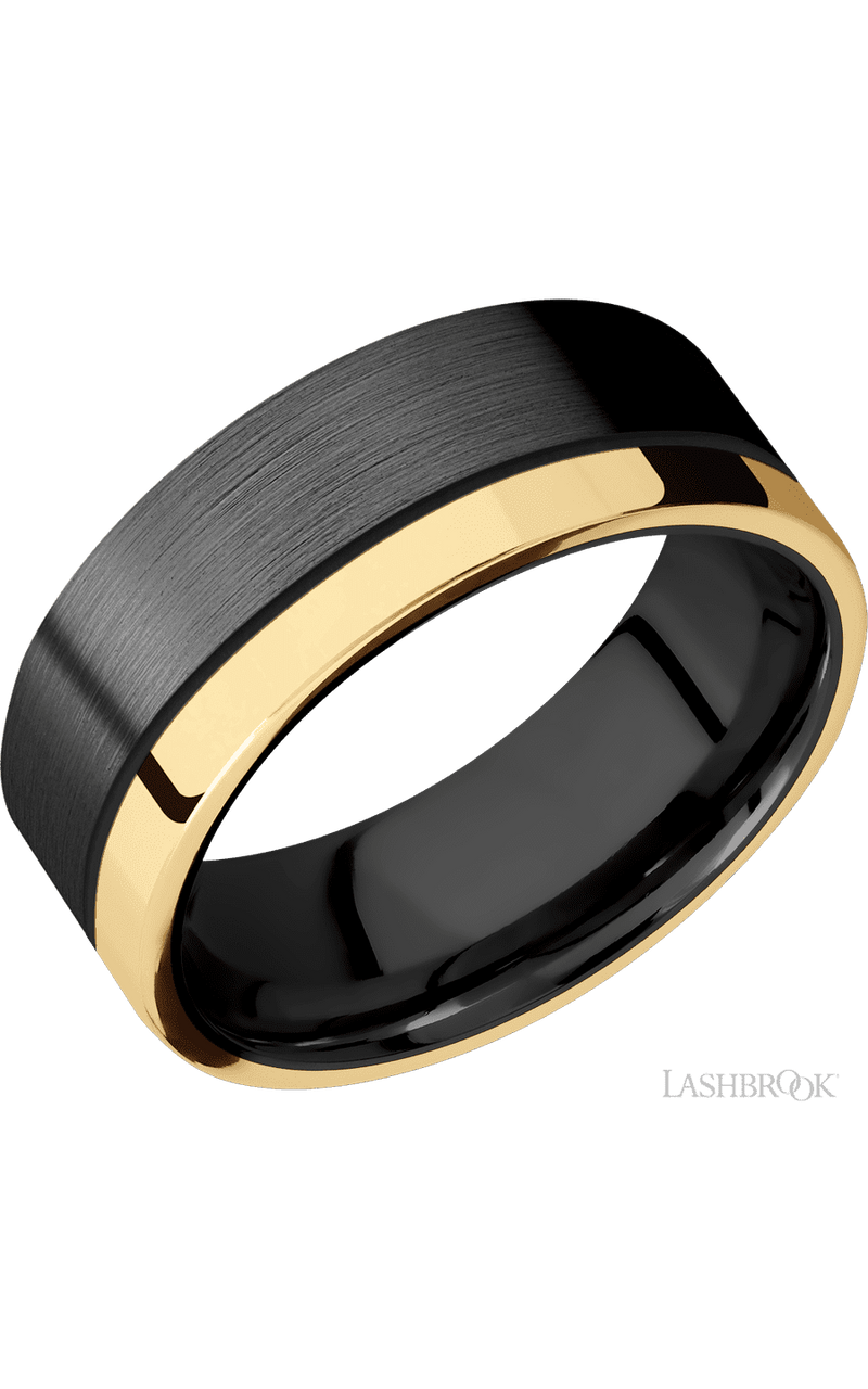8 mm wide/Flat/Zirconium band with one 2 mm Off Center Edge inlay of 14K Yellow Gold img1