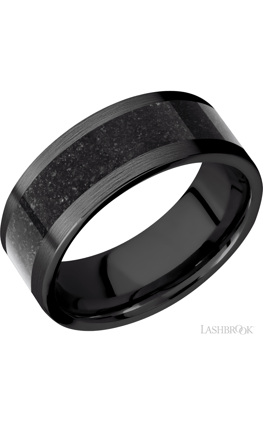 8 mm wide/Flat/Zirconium band with one 5 mm Centered inlay of Dinosaur Bone Black img1