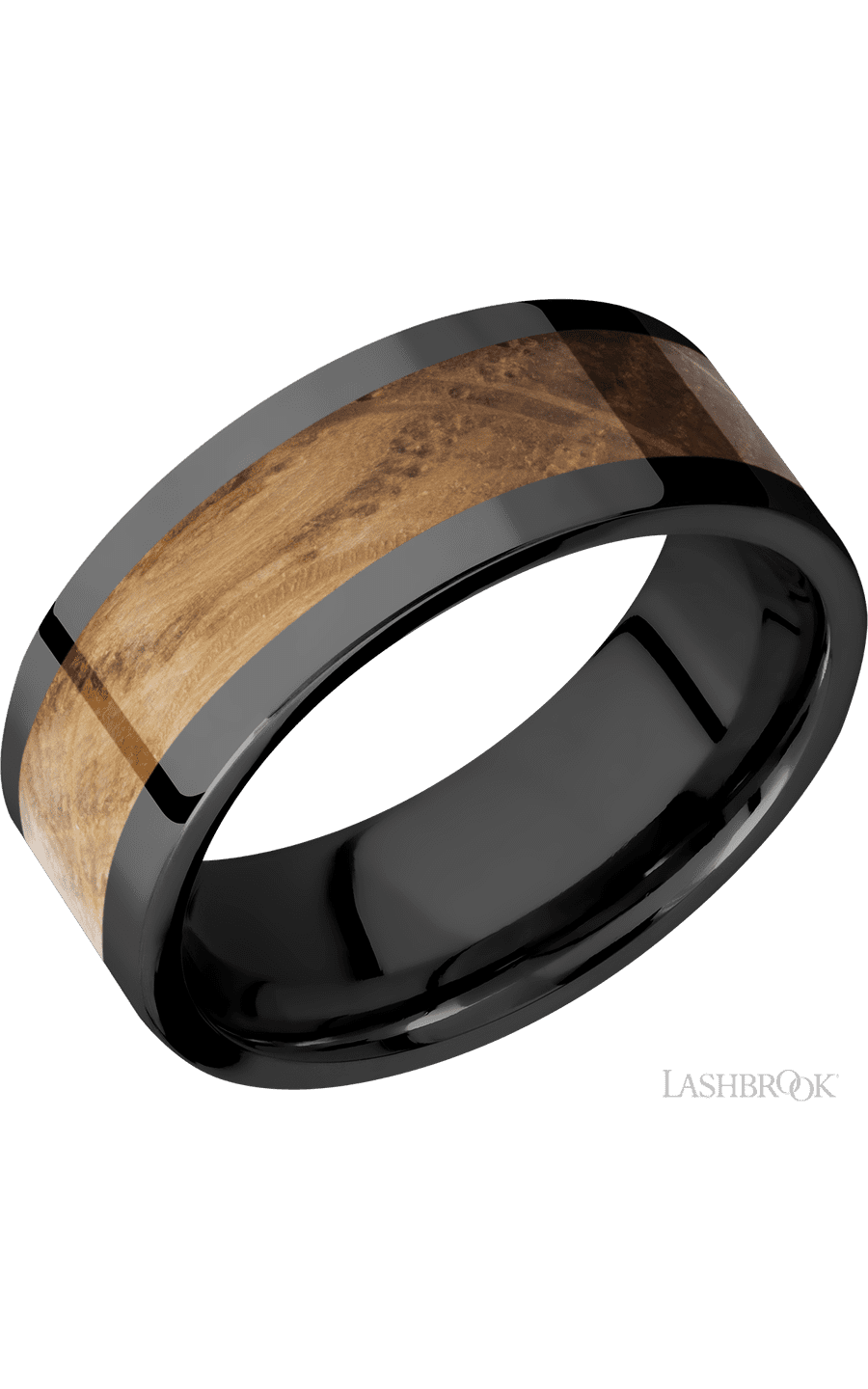 8 mm wide/Flat/Zirconium band with one 5 mm Centered inlay of Whiskey Barrel img1