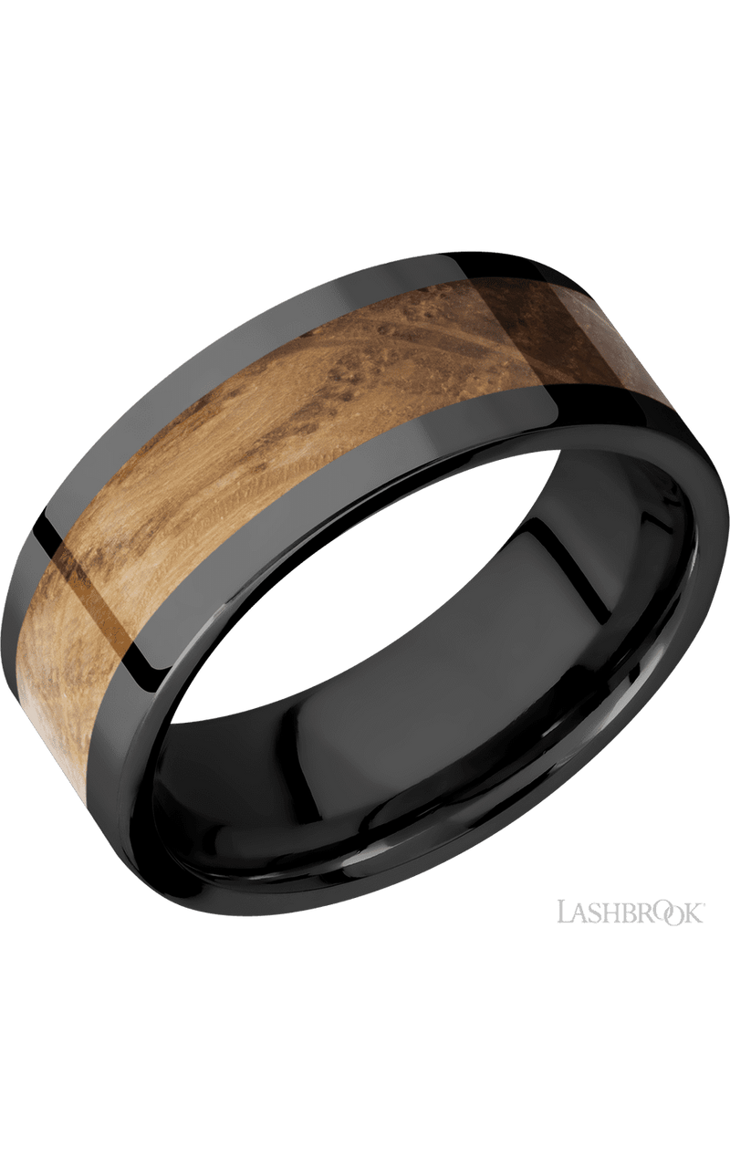8 mm wide/Flat/Zirconium band with one 5 mm Centered inlay of Whiskey Barrel img1
