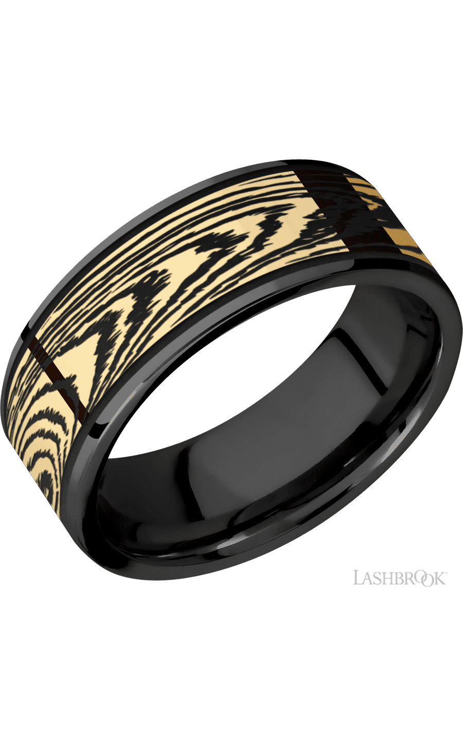8 mm wide/Flat/Zirconium band with one 6 mm Centered inlay of 14K Yellow Gold with a laser carved Woodgrain pattern img1
