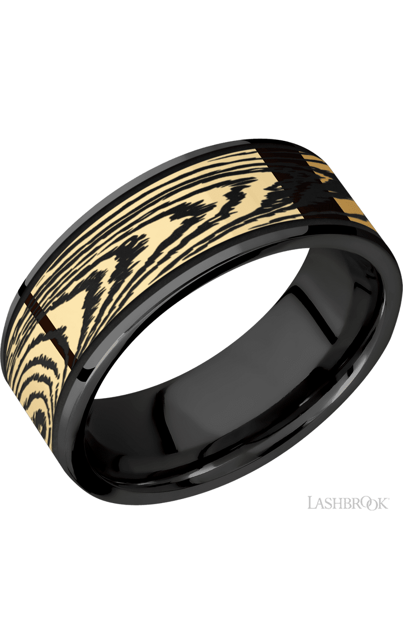 8 mm wide/Flat/Zirconium band with one 6 mm Centered inlay of 14K Yellow Gold with a laser carved Woodgrain pattern img1