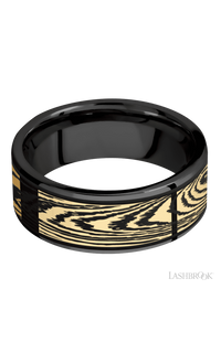 8 mm wide/Flat/Zirconium band with one 6 mm Centered inlay of 14K Yellow Gold with a laser carved Woodgrain pattern img3