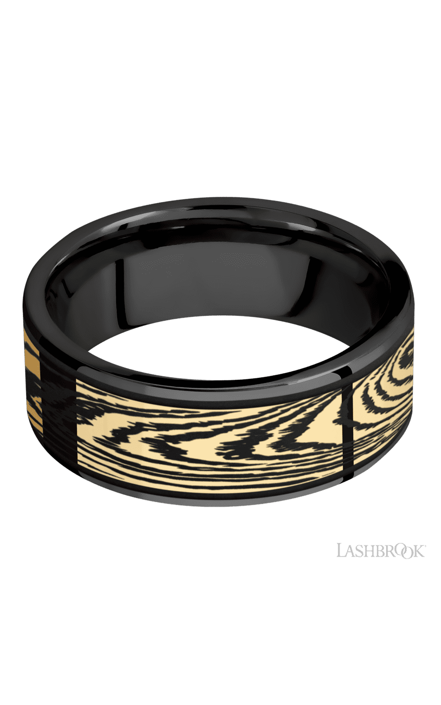 8 mm wide/Flat/Zirconium band with one 6 mm Centered inlay of 14K Yellow Gold with a laser carved Woodgrain pattern img3