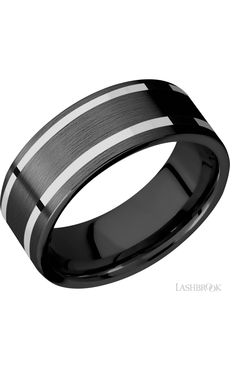 8 mm wide/Flat/Zirconium band with two 1 mm Wide inlays of 14K White Gold img1