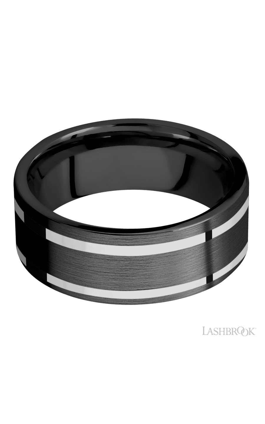8 mm wide/Flat/Zirconium band with two 1 mm Wide inlays of 14K White Gold img3