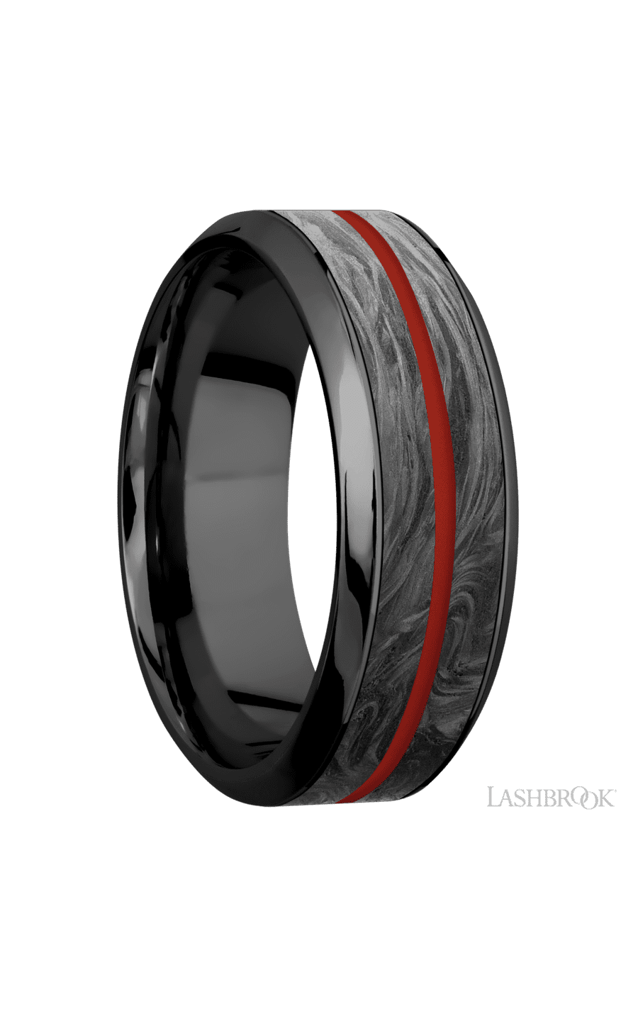 8 mm wide/High Bevel/Zirconium band featuring inlays of Forged Carbon Fiber and Red Apple img2