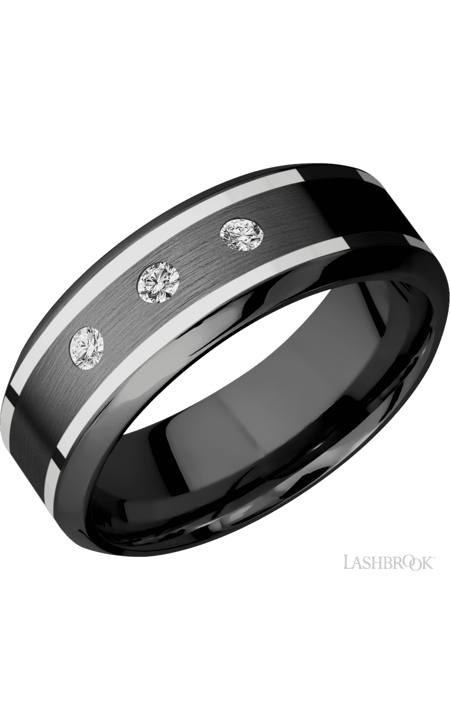 8 mm wide/High Bevel/Zirconium band with two 1 mm Wide inlays of 14K White Gold img1