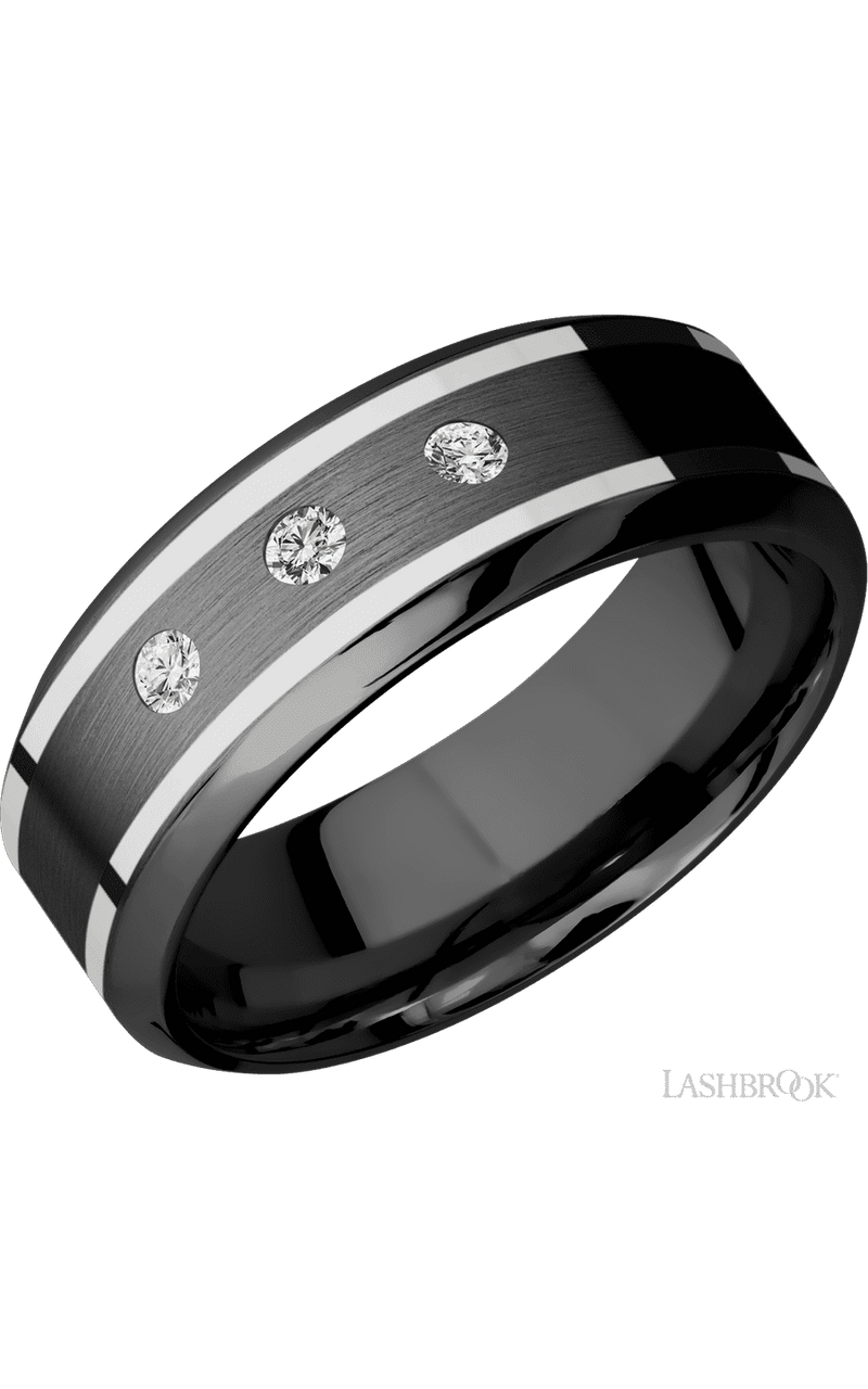 8 mm wide/High Bevel/Zirconium band with two 1 mm Wide inlays of 14K White Gold img1