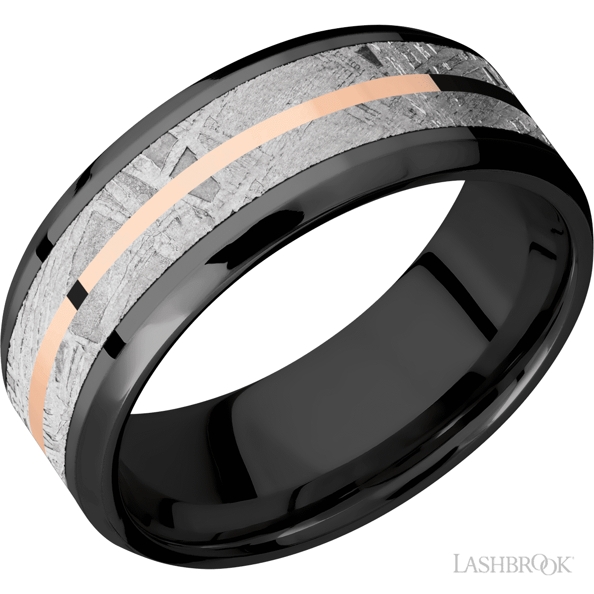 8mm Ziconium Flat Band with 5mm Meteorite and 1mm 14k Rose Gold Inlays img1