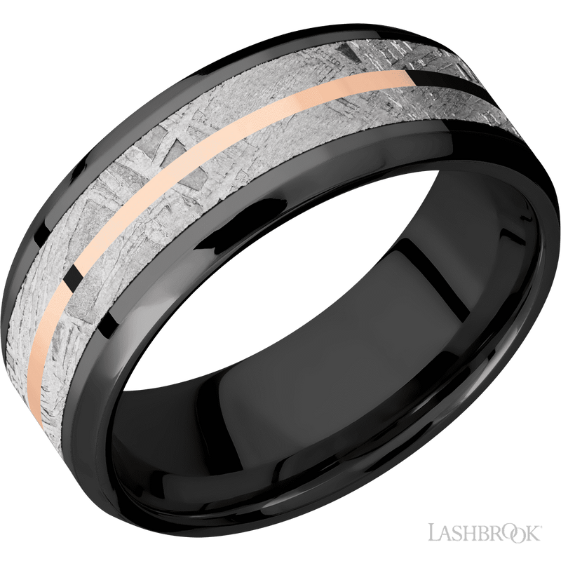 8mm Ziconium Flat Band with 5mm Meteorite and 1mm 14k Rose Gold Inlays img1