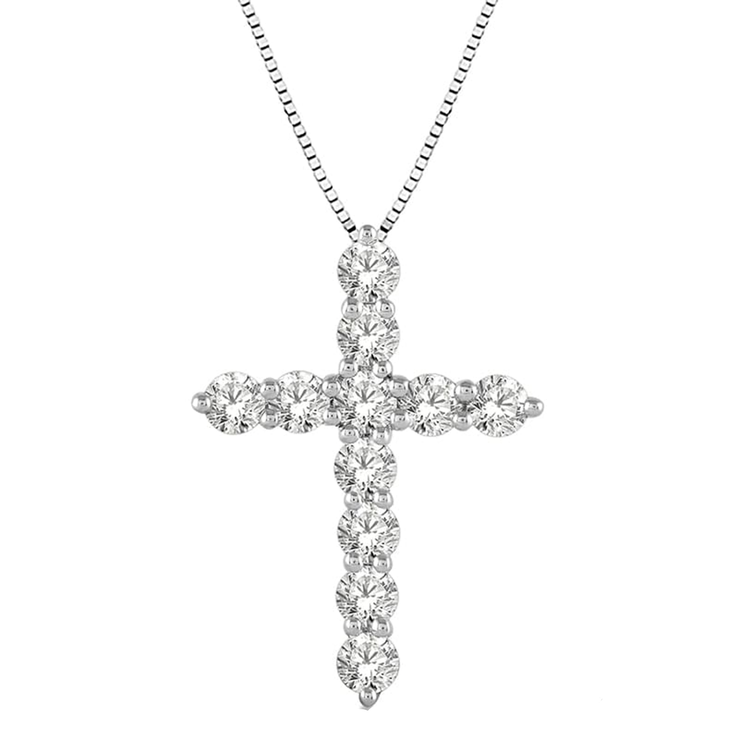 14K White Gold 11 Stone Diamond Cross Necklace