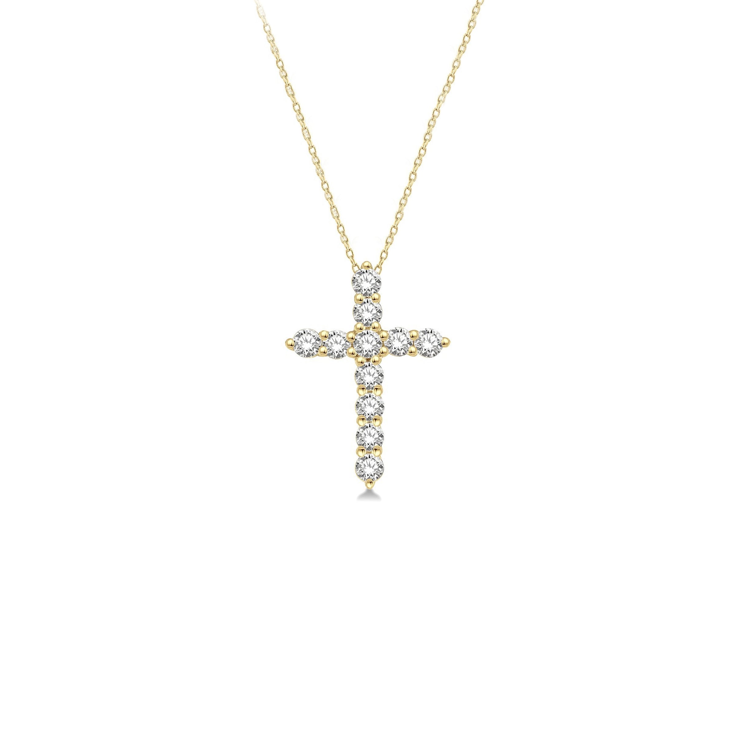 14K Yellow Gold 11 Diamond Cross Necklace