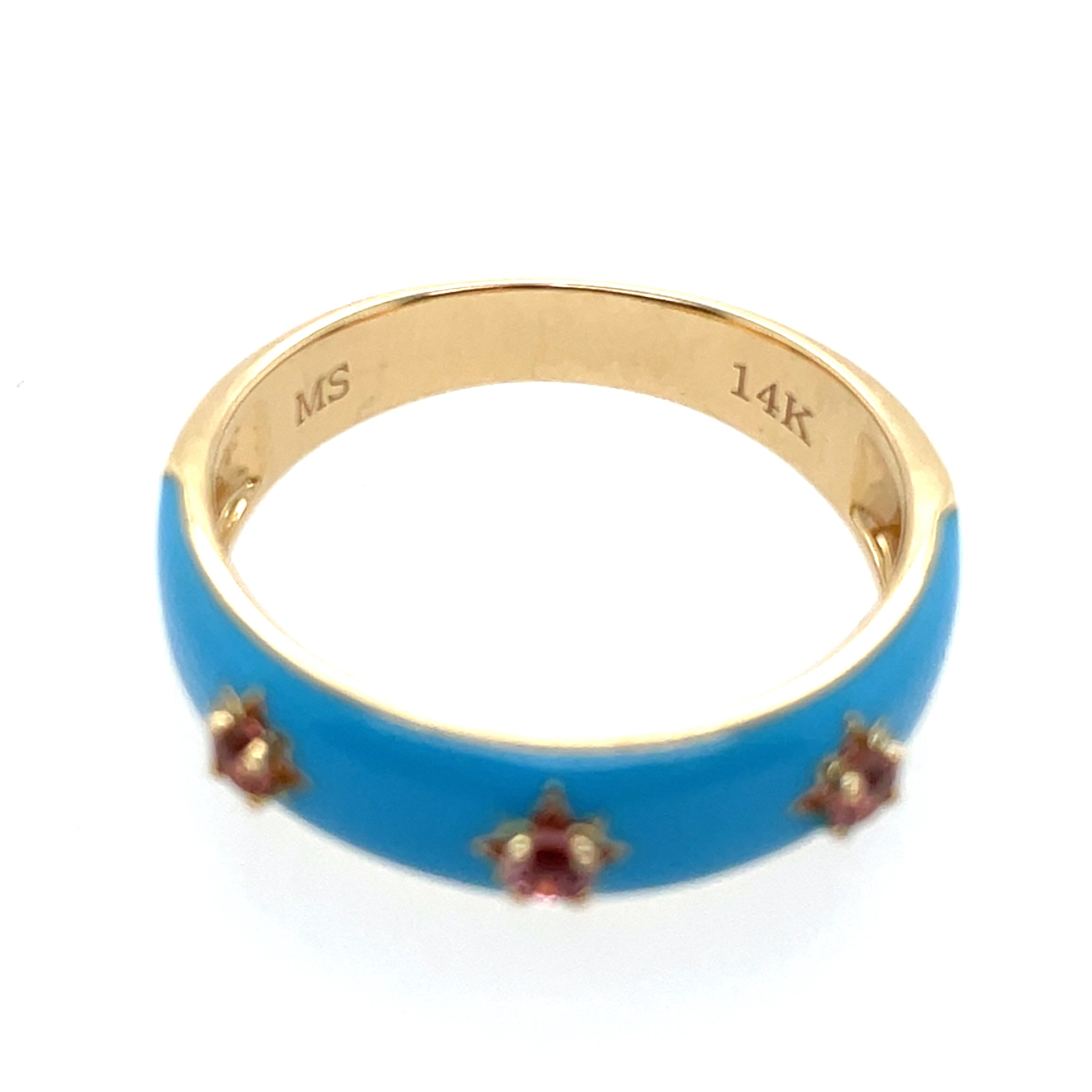 My Story "Cher" Ring Powder Blue Enamel Pink Tourmaline 14k Yellow Gold
