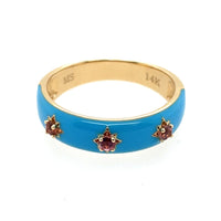 My Story "Cher" Ring Powder Blue Enamel Pink Tourmaline 14k Yellow Gold