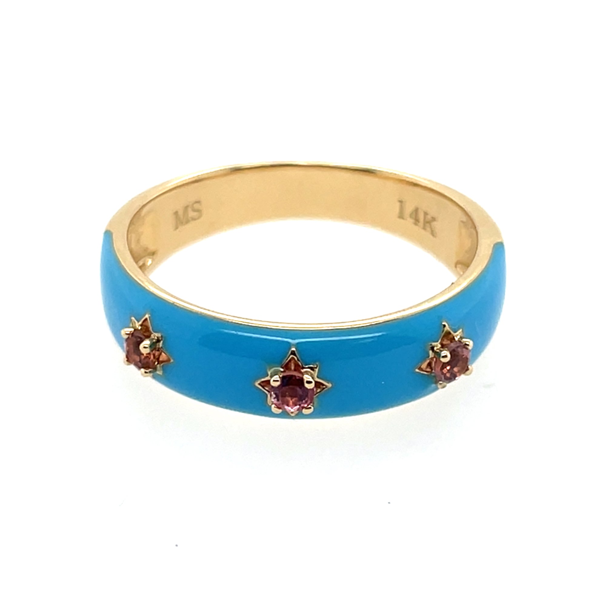 My Story "Cher" Ring Powder Blue Enamel Pink Tourmaline 14k Yellow Gold