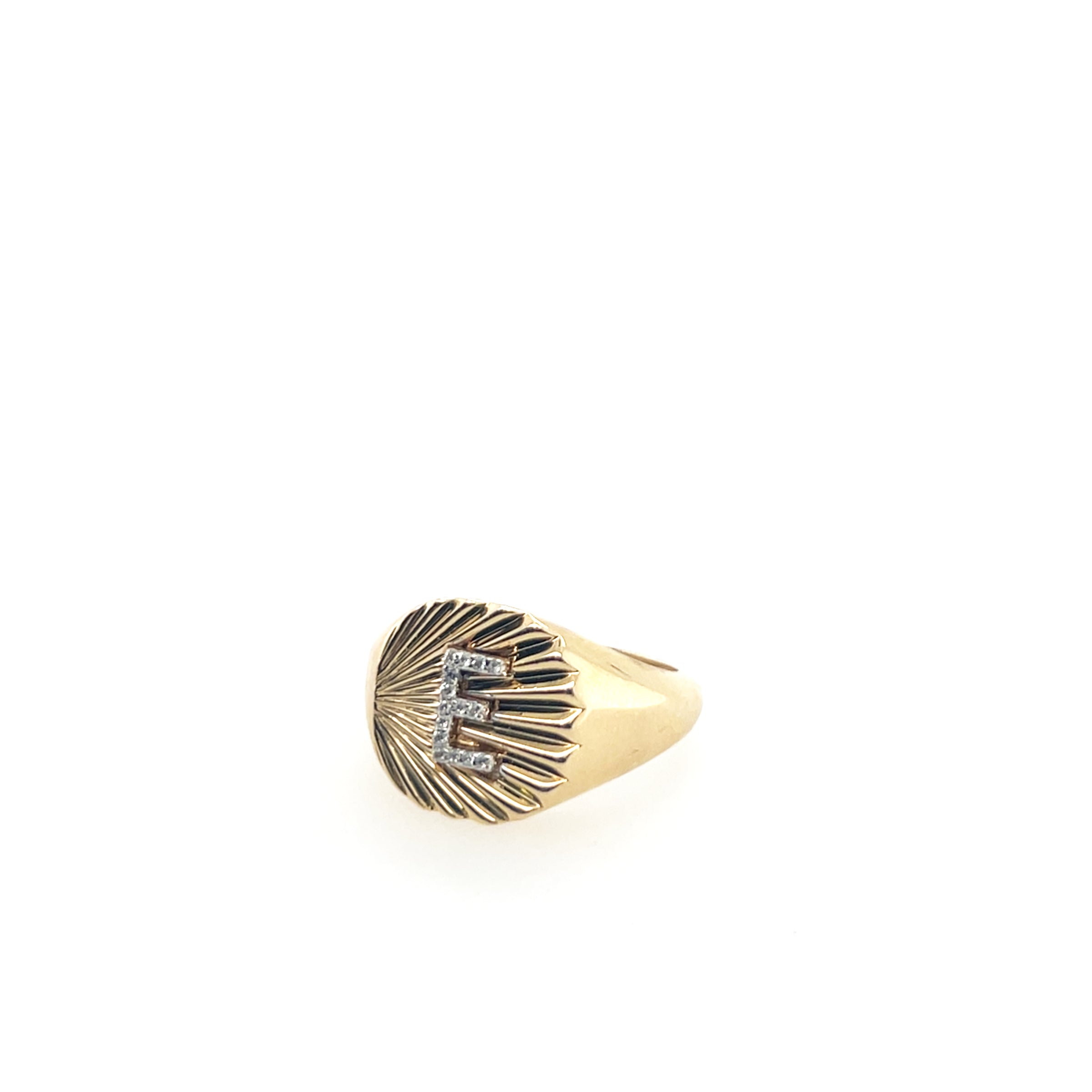 14k yellow gold signet ring with "E" initial