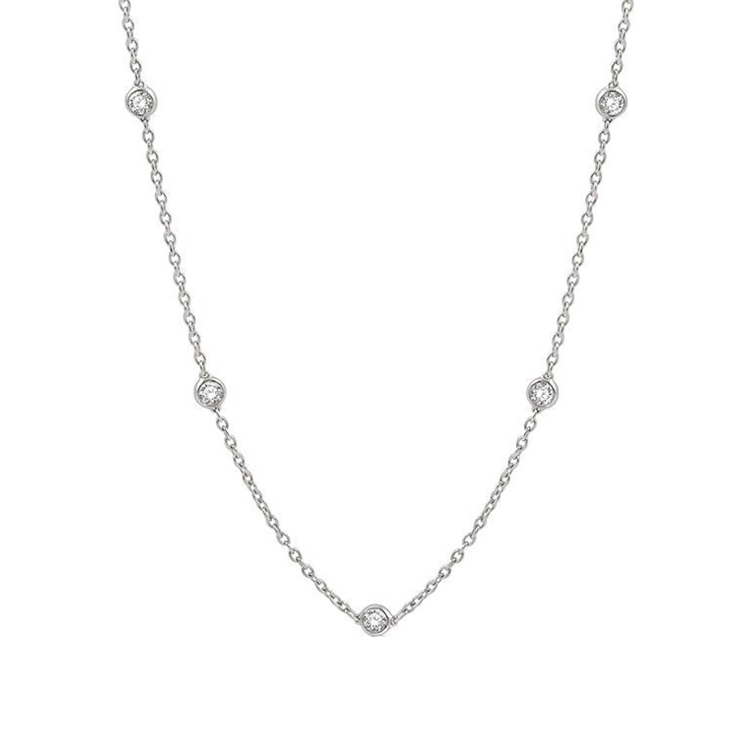 14K White Gold 11 Round Cut 1.0 Carat Diamond Station Necklace