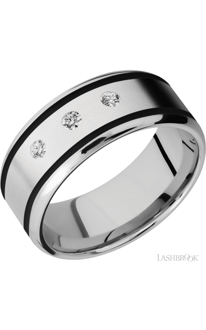 9 mm wide/Beveled/Cobalt Chrome band with  two 1 mm Wide inlays of Black and featuring an  arrangement of 3, .05 carat Round Diamond stones in a Flush setting img1