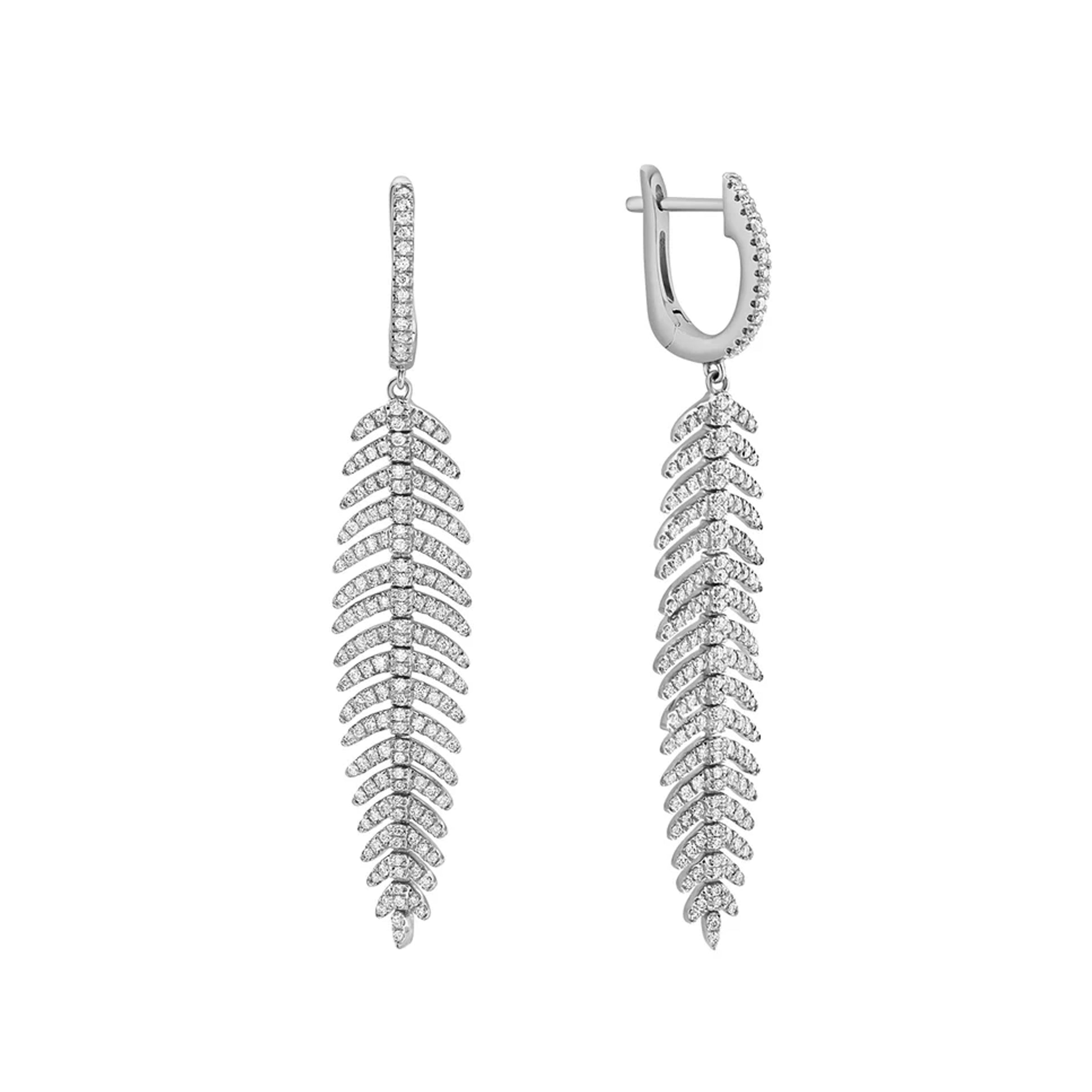 14K White Gold Feather Diamond Earrings