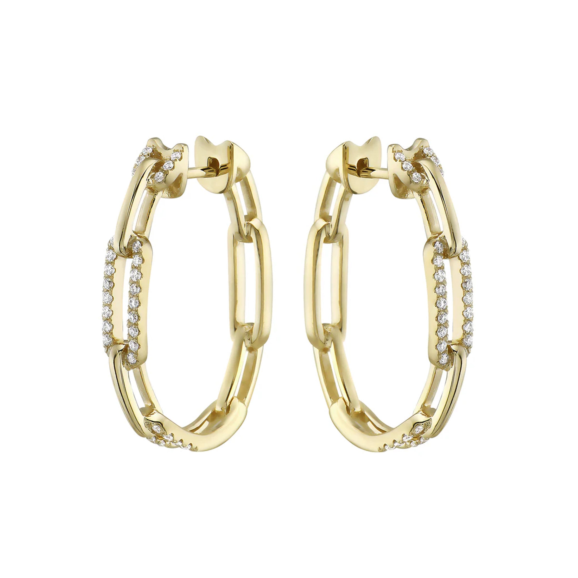 14K Yellow Gold Diamond Paperclip Hoop Earrings
