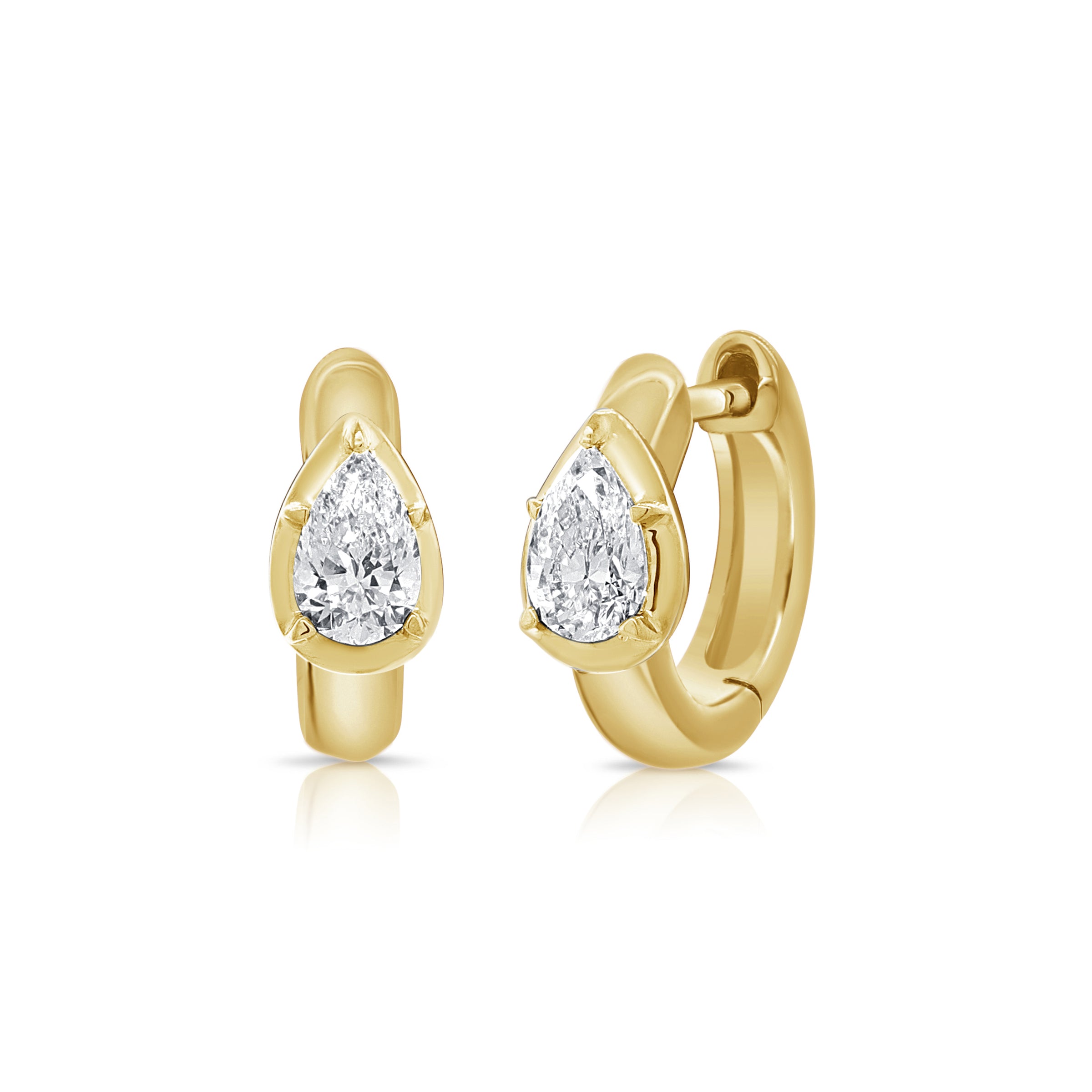 14K Yellow Gold Huggie Earrings with Pear Shaped Diamonds