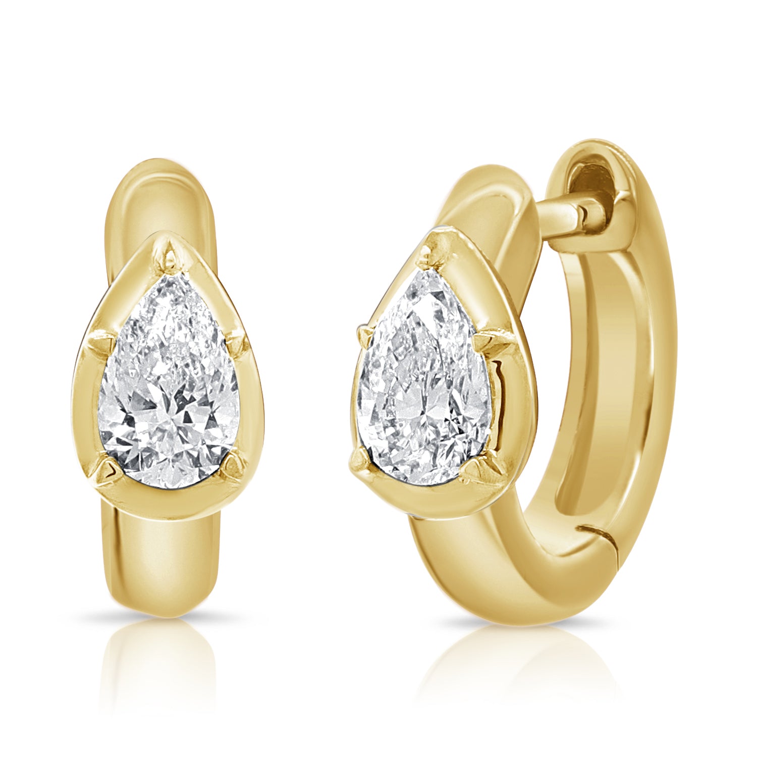 14K Yellow Gold Huggie Earrings with Pear Shaped Diamonds