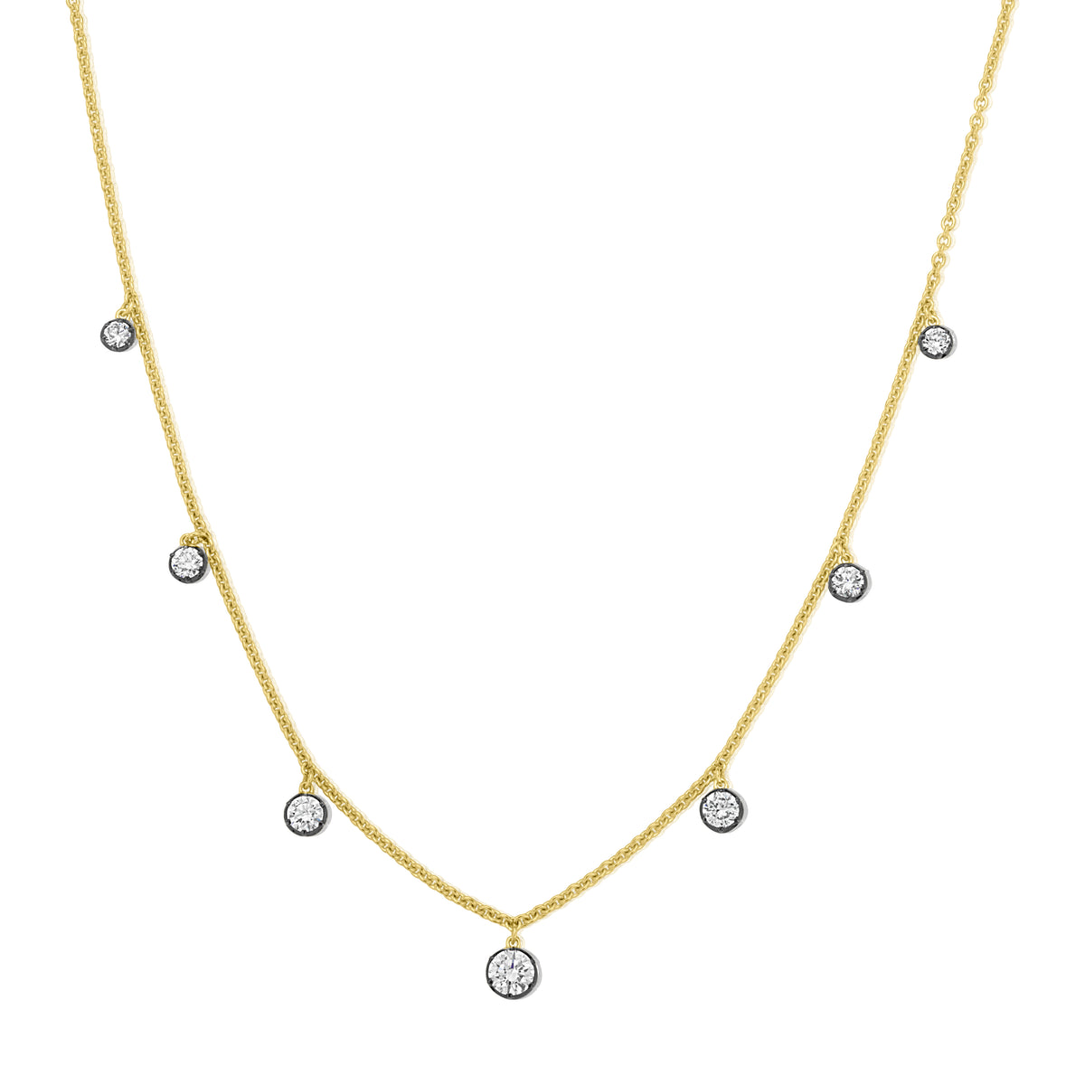 14K Yellow Gold Hanging Diamond Station Necklace with Black Rhodium