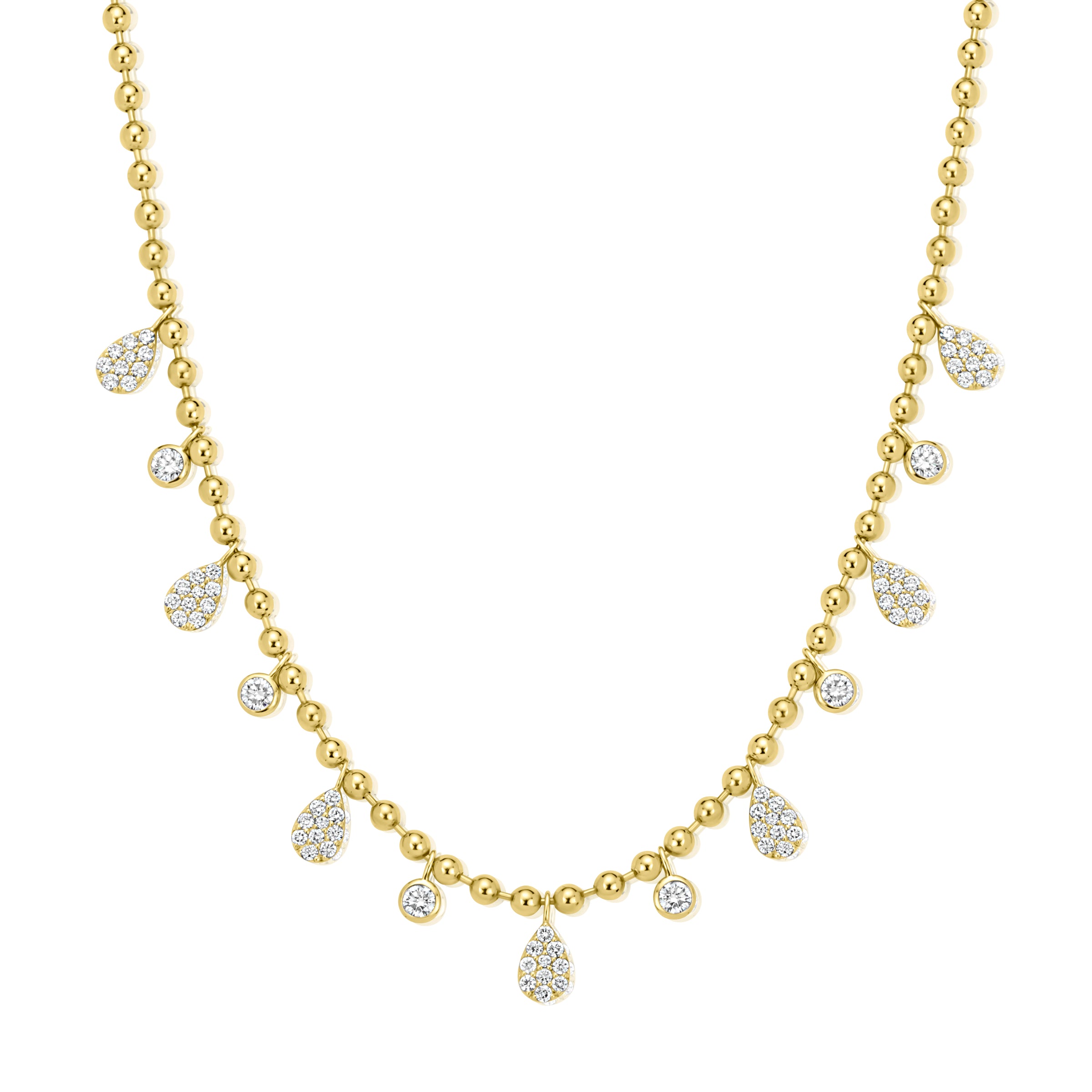 14K Yellow Gold Pear and Round Diamond Bead Chain Necklace