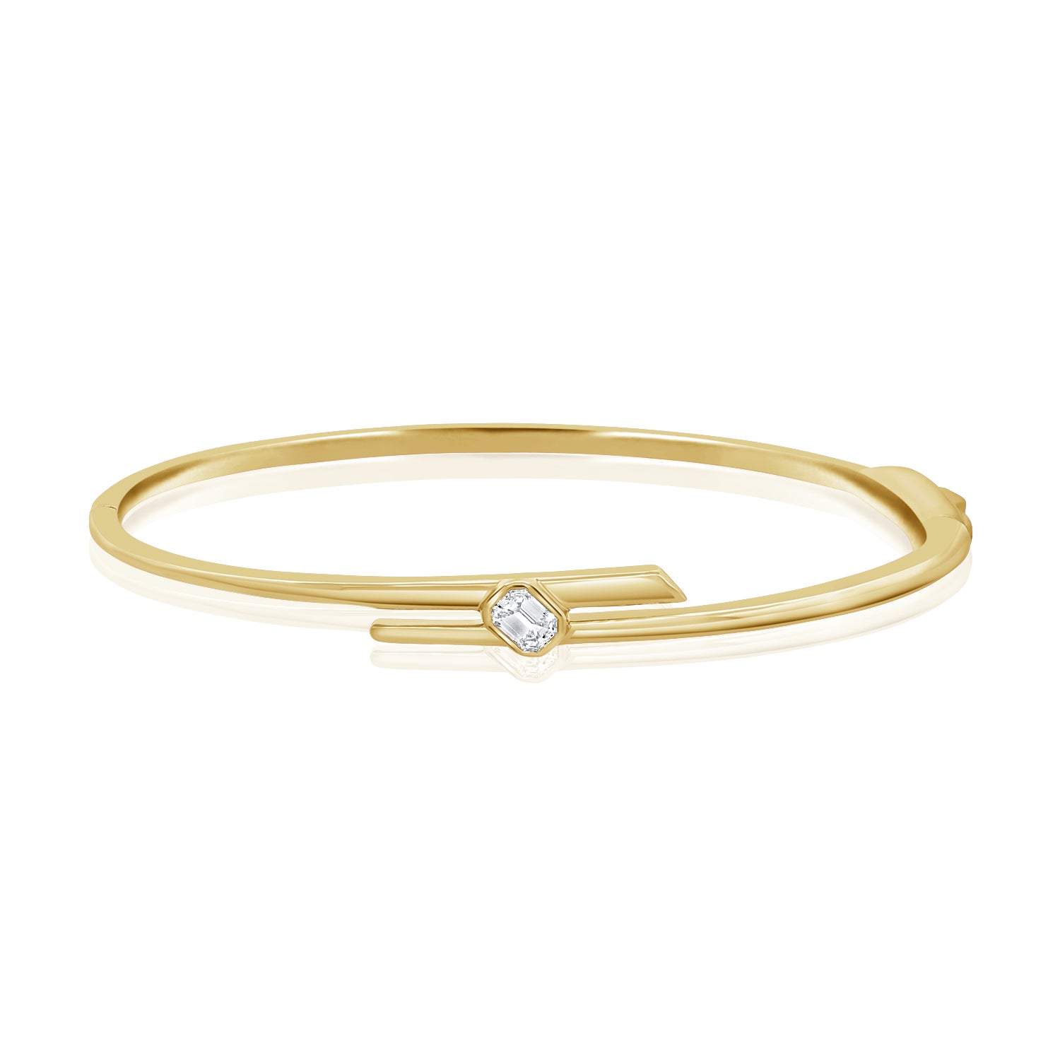14K Yellow Gold Bangle with a Sideways Emerald Cut Diamond