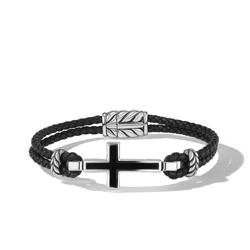 DY Gents Exotic Stone Cross Bracelet in Black Leather with Sterling Silver and Black Onyx, 3mm