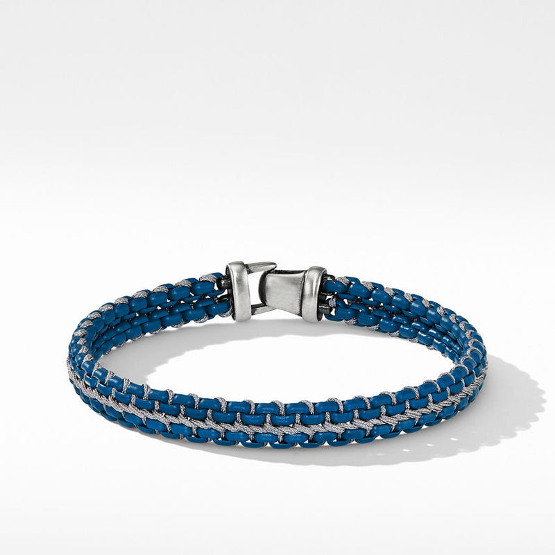 DY Gents Woven Box Chain Bracelet in Sterling Silver with Navy Stainless Steel and Grey Nylon