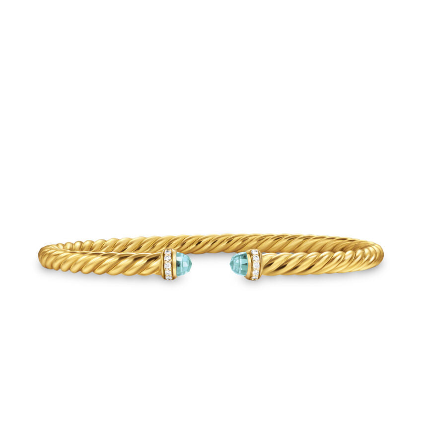 David Yurman Cablespira® Flex Bracelet in 18K Yellow Gold with Aquamarine and Diamonds, 4mm