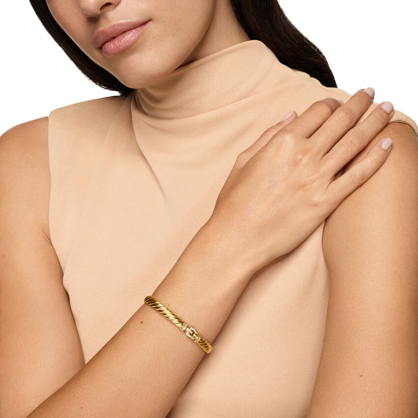 David Yurman Sculpted Cable Buckle Bracelet in 18K Yellow Gold with Diamonds, 6mm