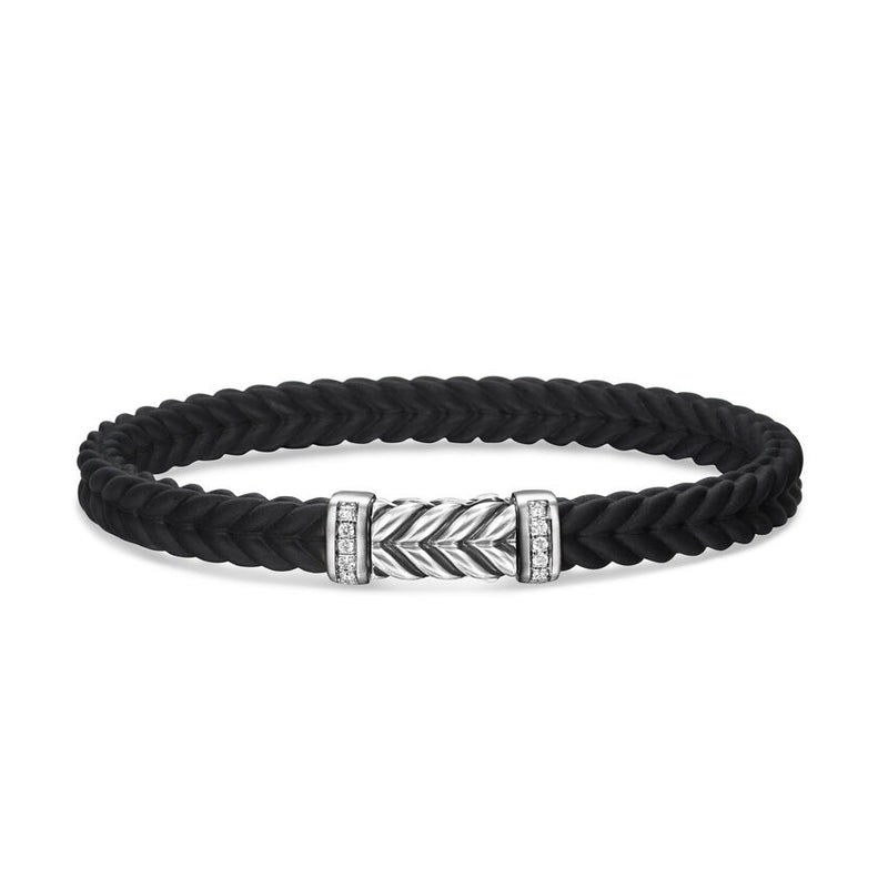 DY Gents Chevron Bracelet in Black Rubber with Diamonds and Sterling Silver, 6mm