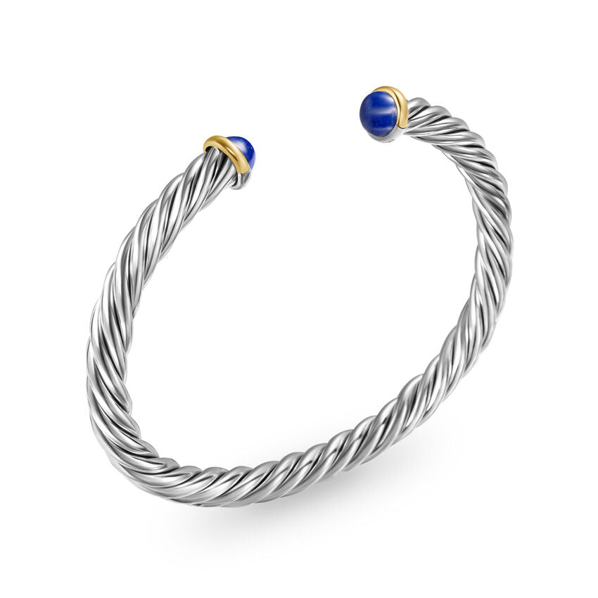 DY Gents Cable Cuff Bracelet in Sterling Silver with 14K Yellow Gold and Lapis, 6mm - NAGI