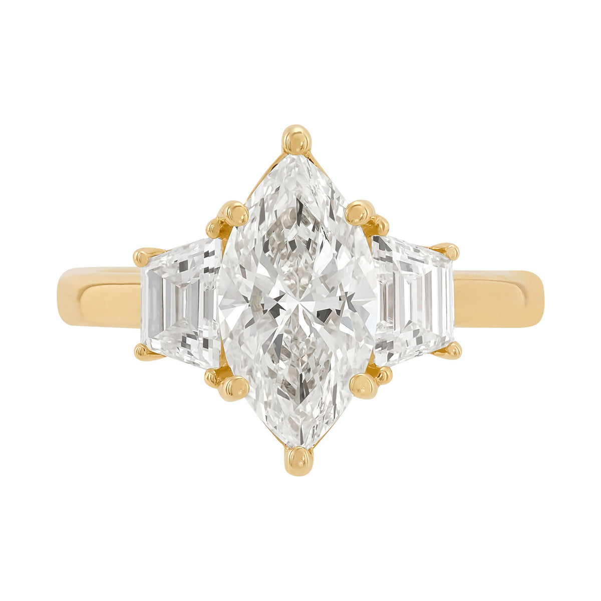 14K Yellow Gold 3-Stone Marquise & Trapazoid Lab Diamond Engagement Ring