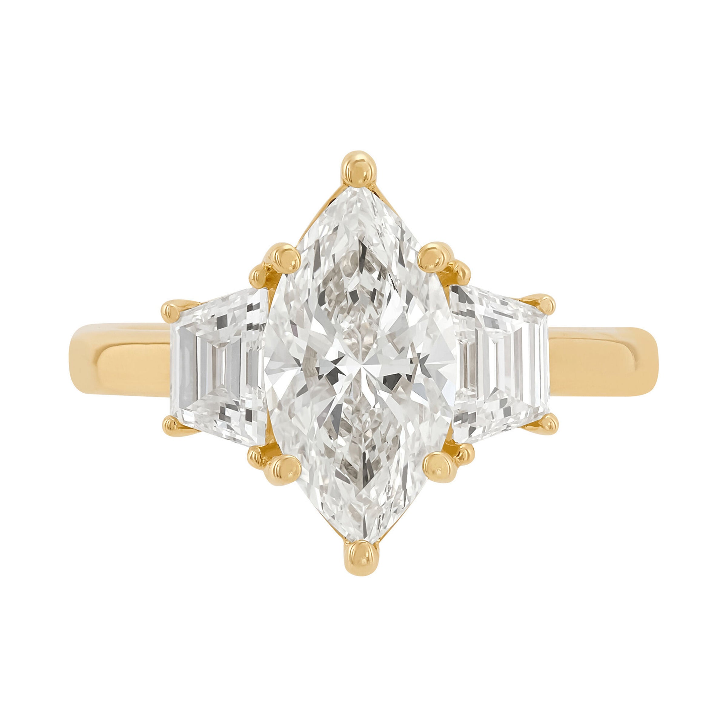 14K Yellow Gold 3-Stone Marquise & Trapazoid Lab Diamond Engagement Ring