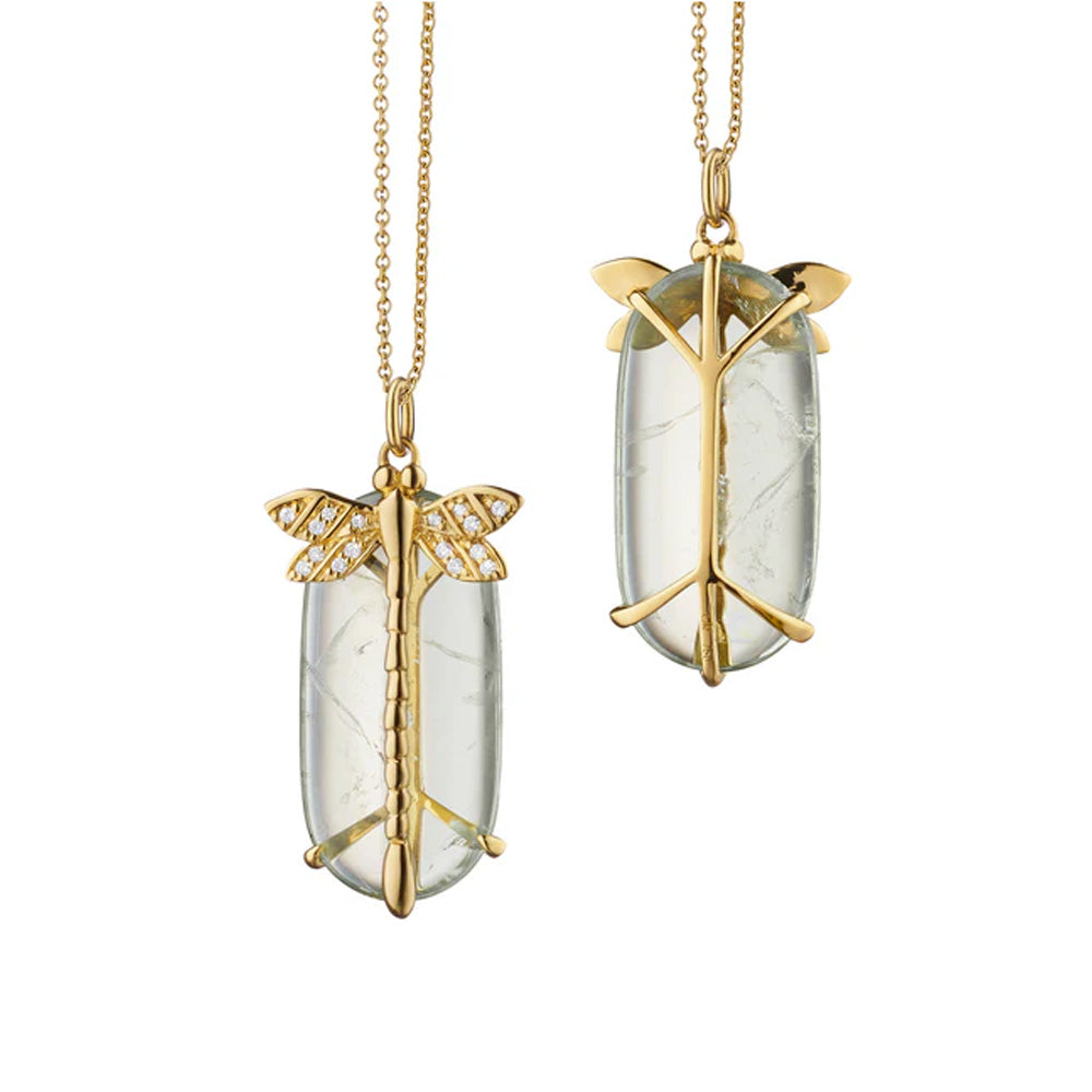 Grace Dragonfly Necklace with Prasiolite in 18K Yellow Gold