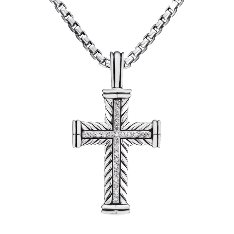 David Yurman Gents Chevron Cross Pendant in Sterling Silver with Diamonds, 41.5MM