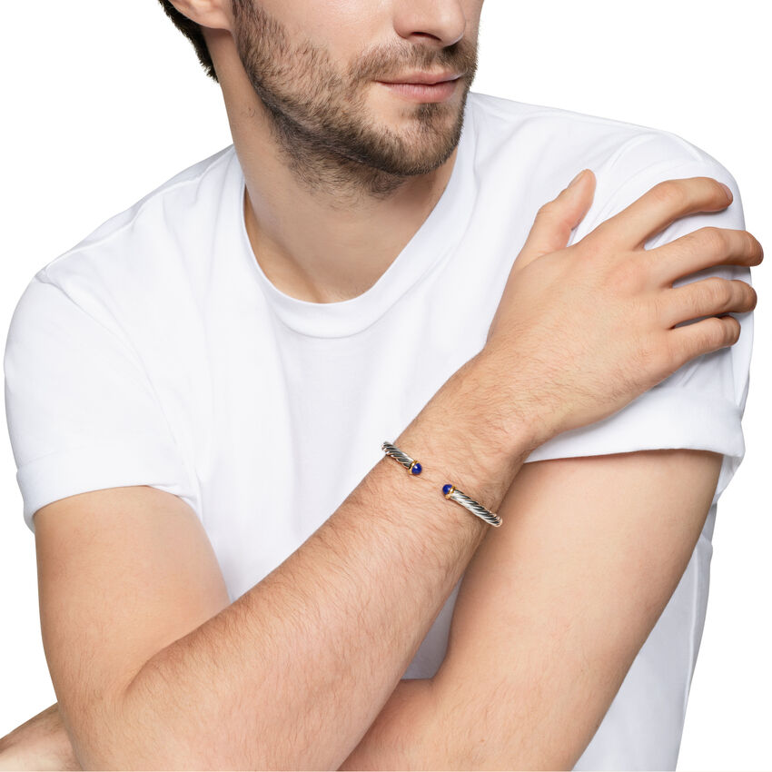 DY Gents Cable Cuff Bracelet in Sterling Silver with 14K Yellow Gold and Lapis, 6mm img3
