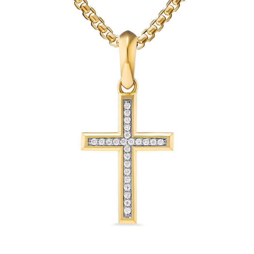 DY Gents Cross Pendant in 18K Yellow Gold with Diamonds, 24mm