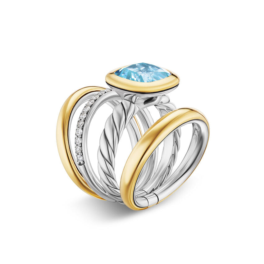 DY Mercer® Four Row Stone Ring in Sterling Silver with 18K Yellow Gold, Sky Blue Topaz and Diamonds, 14mm Image 2