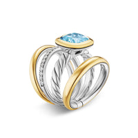 DY Mercer® Four Row Stone Ring in Sterling Silver with 18K Yellow Gold, Sky Blue Topaz and Diamonds, 14mm Image 2