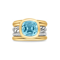 DY Mercer® Four Row Stone Ring in Sterling Silver with 18K Yellow Gold, Sky Blue Topaz and Diamonds, 14mm Image 2