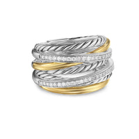 David Yurman Crossover Seven Row Ring in Sterling Silver with 18K Yellow Gold and Diamonds, 16mm