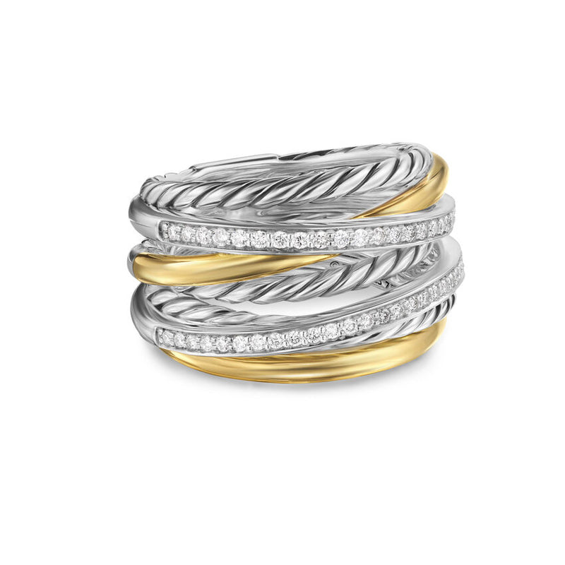 David Yurman Crossover Seven Row Ring in Sterling Silver with 18K Yellow Gold and Diamonds, 16mm