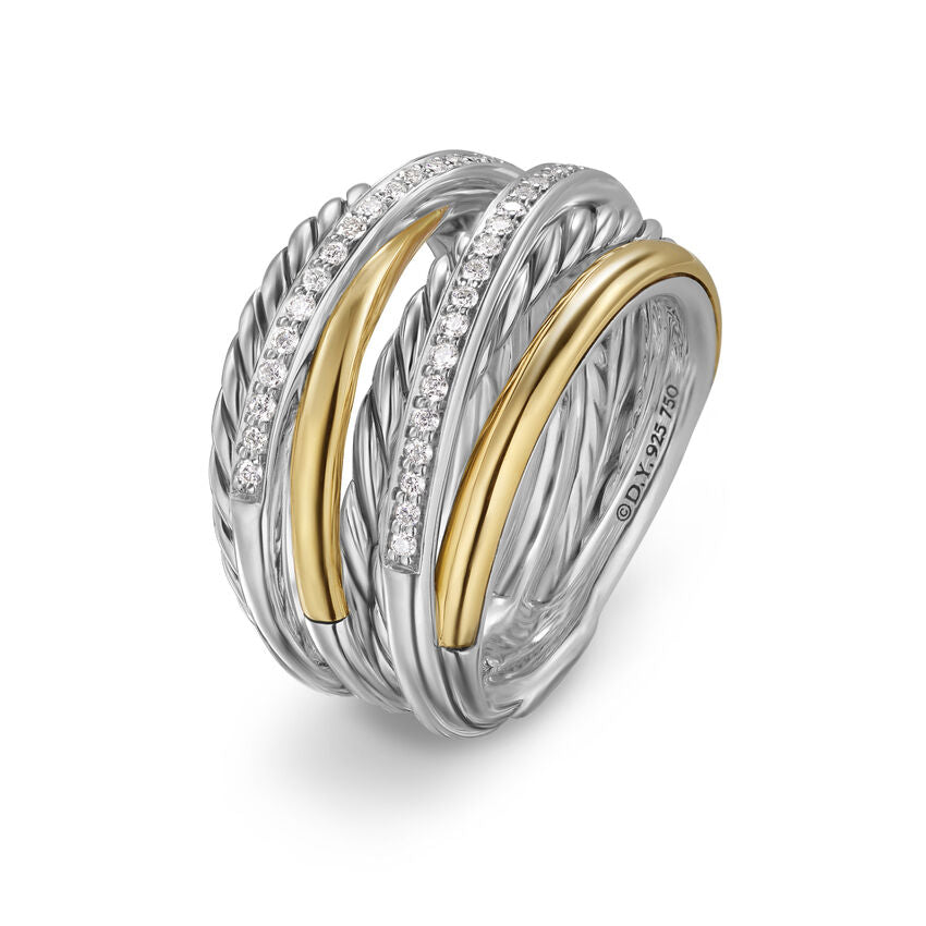 David Yurman Crossover Seven Row Ring in Sterling Silver with 18K Yellow Gold and Diamonds, 16mm Image 1