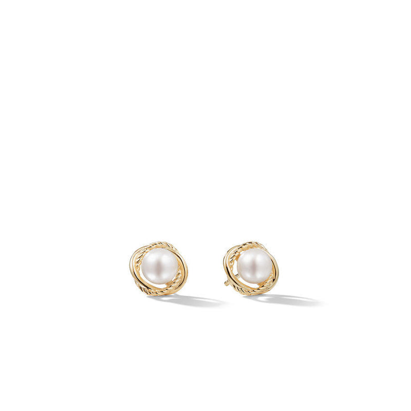 DY Crossover Infinity Pearl Stud Earrings in 18K Yellow Gold with Pearls, 10mm