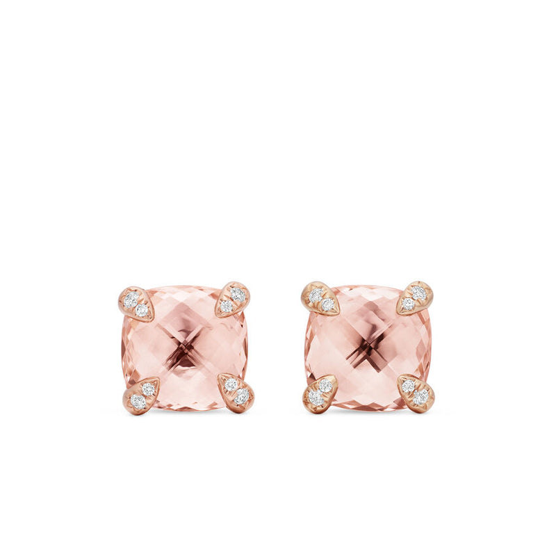 DY Chatelaine Stud Earrings in 18K Rose Gold with Morganite and Diamonds, 8mm